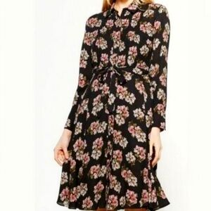 Nanette Lepore Floral Printed Pleat Shirtdress Dress Black  4  Tie. Romantic